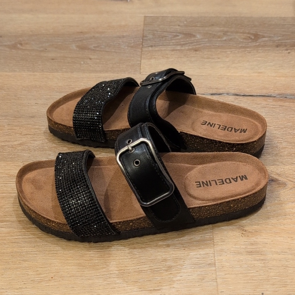 Madeline Black Sparkle Dual-Strap Slide Sandals with Buckle